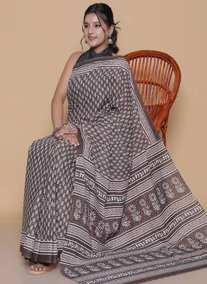 Kalamkari printed  cotton ethnic brown saree for woman 4