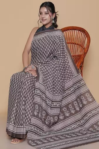 Kalamkari printed  cotton ethnic brown saree for woman