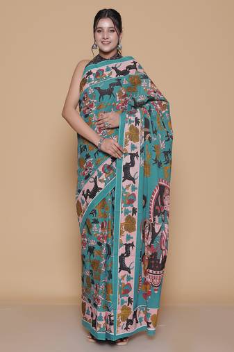 Kalamkari printed pure cotton ethnic sky blue saree for woman
