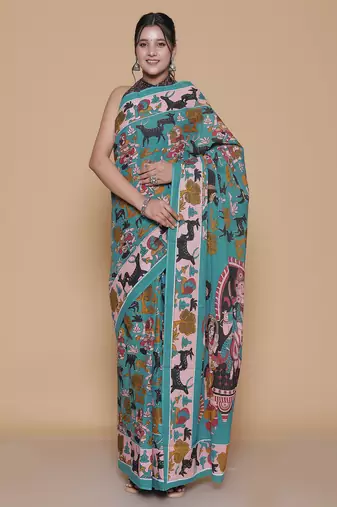 Kalamkari printed pure cotton ethnic sky blue saree for woman