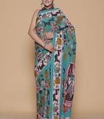 Kalamkari printed pure cotton ethnic sky blue saree for woman