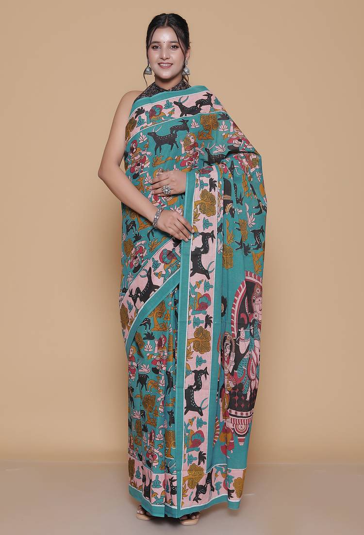Kalamkari printed pure cotton ethnic sky blue saree for woman