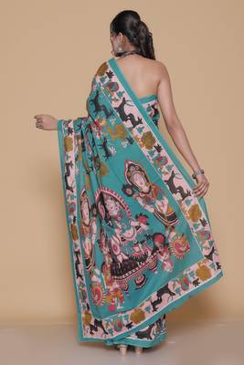 Kalamkari printed  cotton ethnic sky blue saree for woman 2