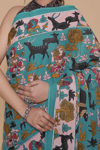 Kalamkari printed  cotton ethnic sky blue saree for woman