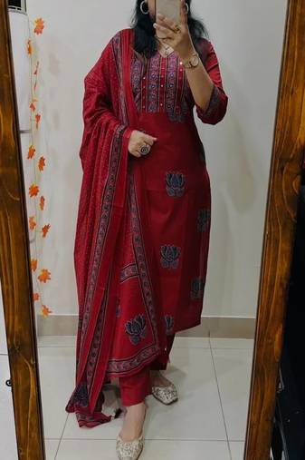 Floral embroidered pure cotton v neck red kurta trouser & dupatta set