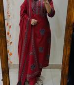 Floral embroidered pure cotton v neck red kurta trouser & dupatta set