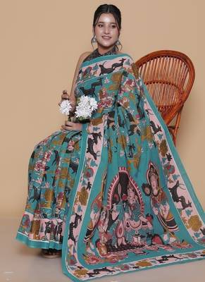 Kalamkari printed  cotton ethnic sky blue saree for woman 4