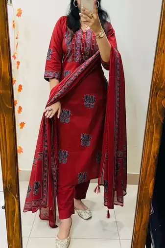 Floral embroidered  cotton v neck red kurta trouser & dupatta set