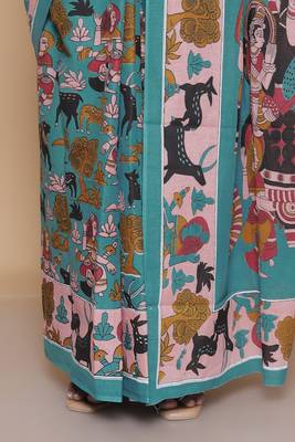 Kalamkari printed  cotton ethnic sky blue saree for woman 5