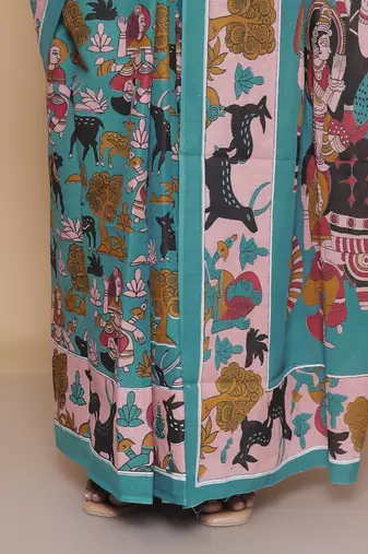 Kalamkari printed  cotton ethnic sky blue saree for woman
