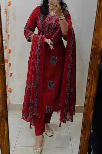 Floral embroidered  cotton v neck red kurta trouser & dupatta set