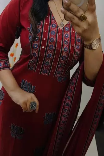 Floral embroidered  cotton v neck red kurta trouser & dupatta set