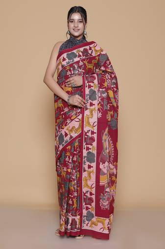 Kalamkari printed pure cotton ethnic red saree for woman