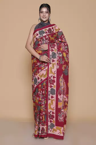 Kalamkari printed pure cotton ethnic red saree for woman