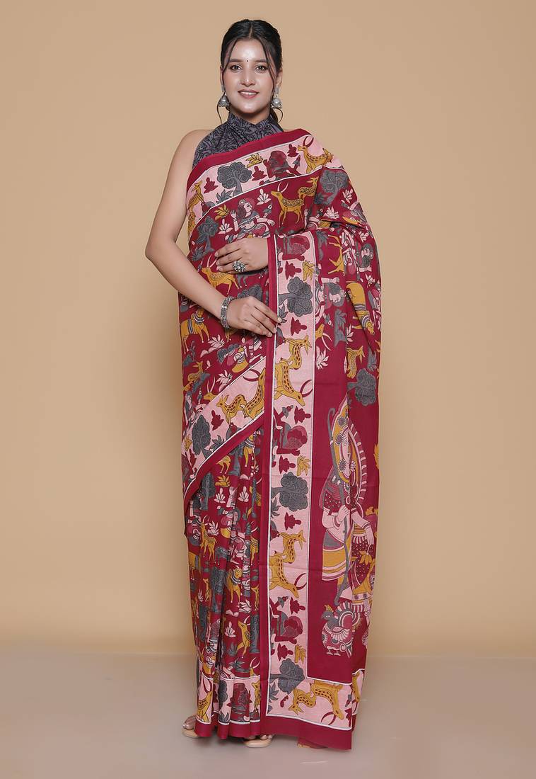Kalamkari printed pure cotton ethnic red saree for woman