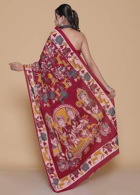 Kalamkari printed  cotton ethnic red saree for woman 2