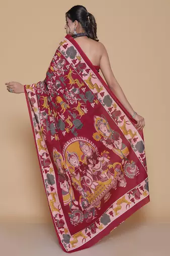 Kalamkari printed  cotton ethnic red saree for woman