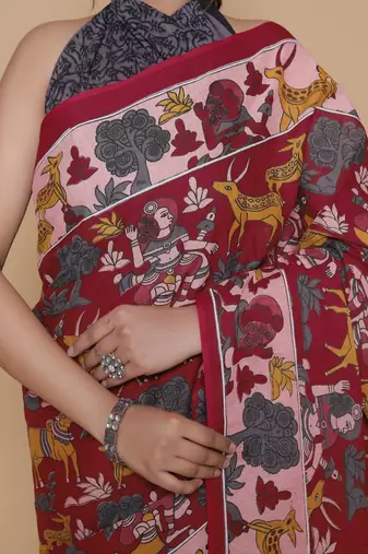 Kalamkari printed  cotton ethnic red saree for woman
