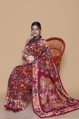 Kalamkari printed  cotton ethnic red saree for woman 4