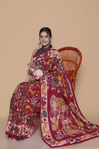 Kalamkari printed  cotton ethnic red saree for woman
