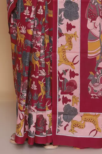 Kalamkari printed  cotton ethnic red saree for woman