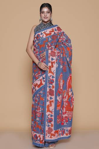 Kalamkari printed pure cotton ethnic blue saree for woman