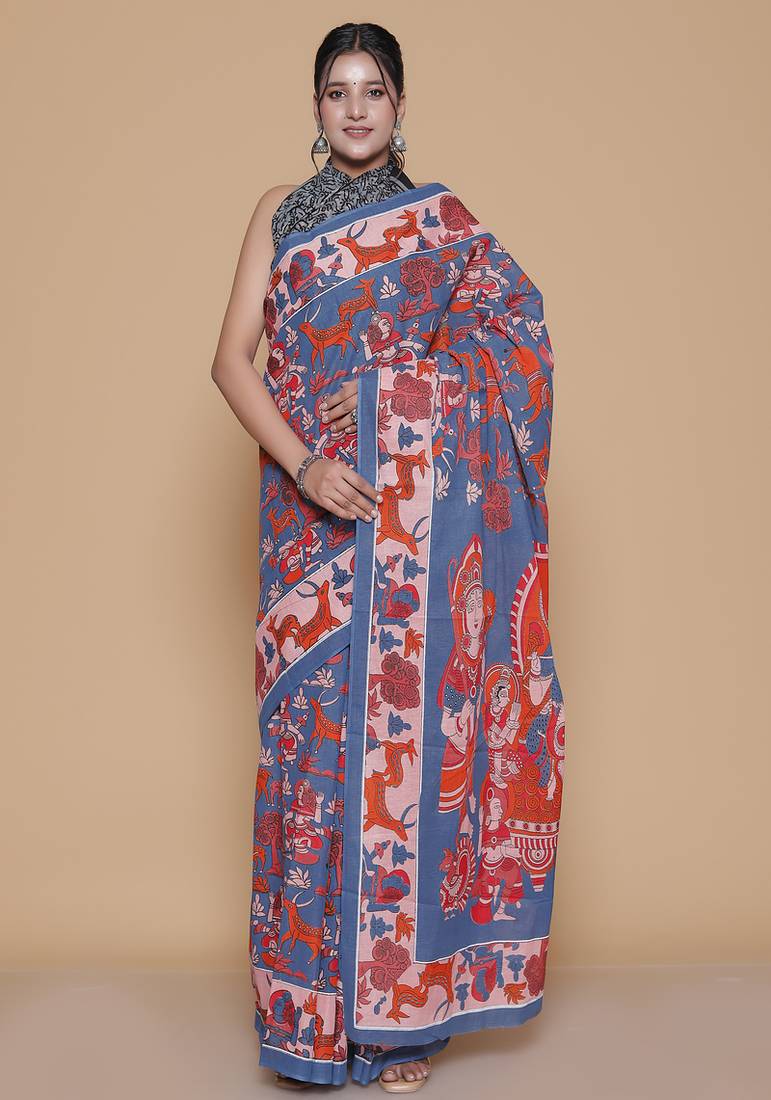 Kalamkari printed pure cotton ethnic blue saree for woman