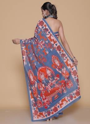 Kalamkari printed cotton ethnic blue saree for woman 2