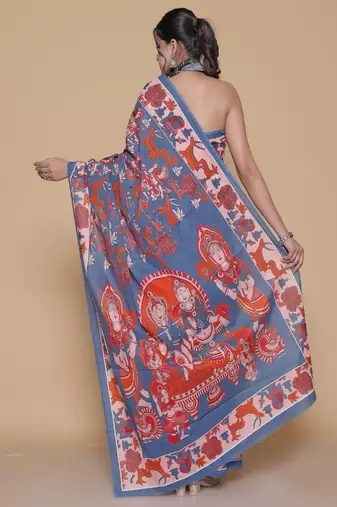 Kalamkari printed  cotton ethnic blue saree for woman
