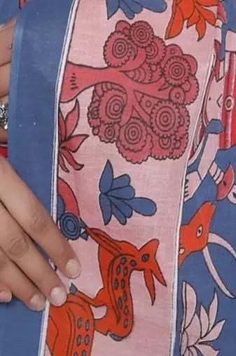 Kalamkari printed  cotton ethnic blue saree for woman