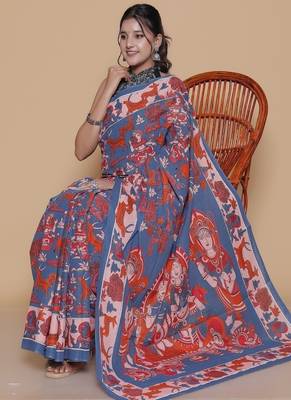 Kalamkari printed cotton ethnic blue saree for woman 4