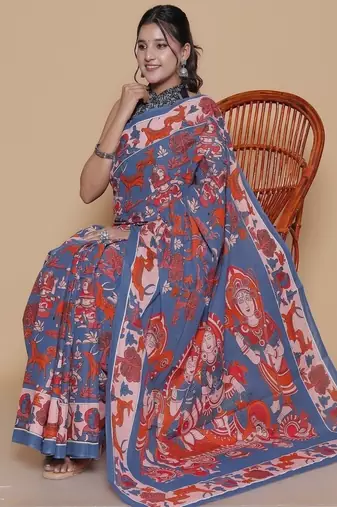 Kalamkari printed  cotton ethnic blue saree for woman