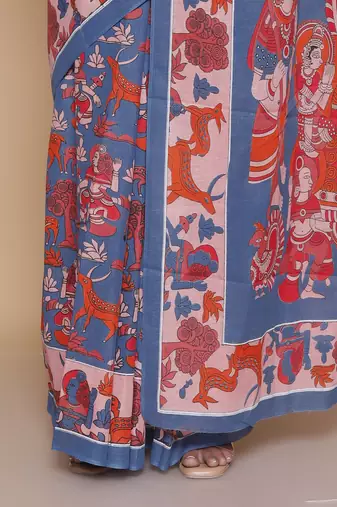 Kalamkari printed  cotton ethnic blue saree for woman