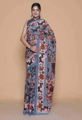 Kalamkari printed cotton ethnic blue saree for woman 1