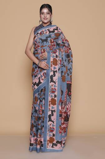 Kalamkari printed pure cotton ethnic blue saree for woman