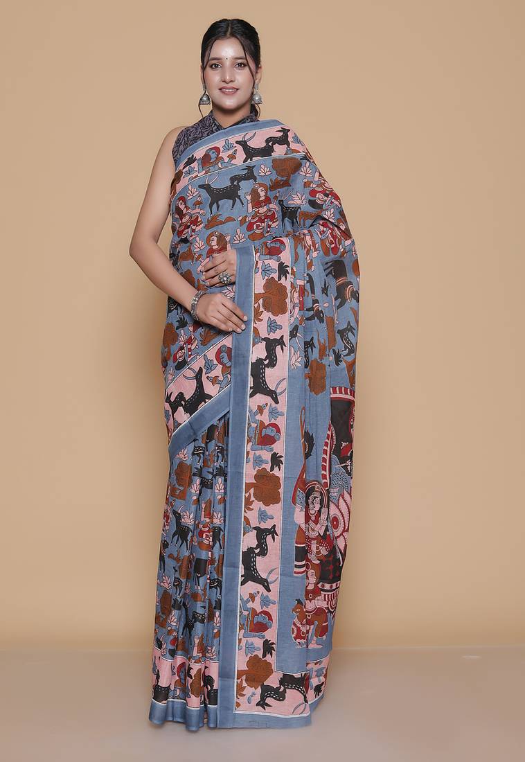 Kalamkari printed pure cotton ethnic blue saree for woman