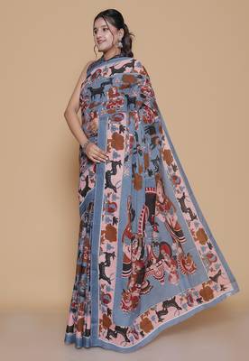Kalamkari printed cotton ethnic blue saree for woman 2