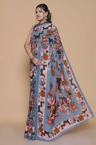 Kalamkari printed  cotton ethnic blue saree for woman
