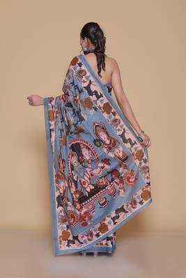 Kalamkari printed cotton ethnic blue saree for woman 3