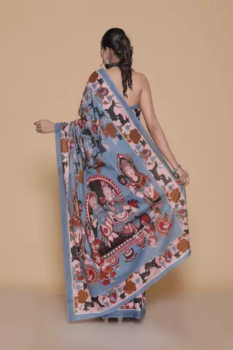 Kalamkari printed  cotton ethnic blue saree for woman