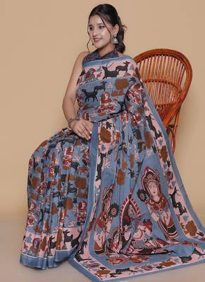 Kalamkari printed cotton ethnic blue saree for woman 4