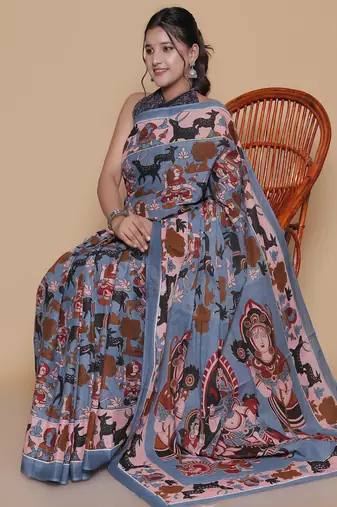 Kalamkari printed  cotton ethnic blue saree for woman