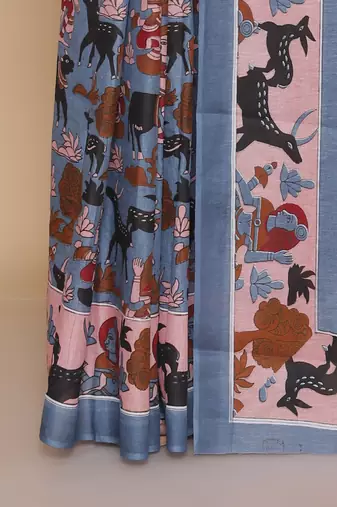 Kalamkari printed  cotton ethnic blue saree for woman