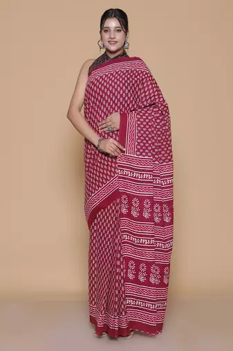 Kalamkari printed pure cotton ethnic red saree for woman