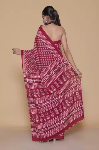 Kalamkari printed  cotton ethnic red saree for woman