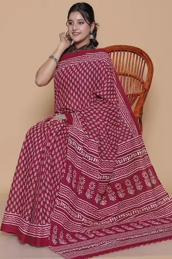 Kalamkari printed  cotton ethnic red saree for woman