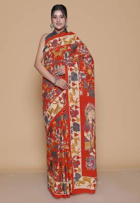 Kalamkari printed cotton ethnic orange saree for woman 1