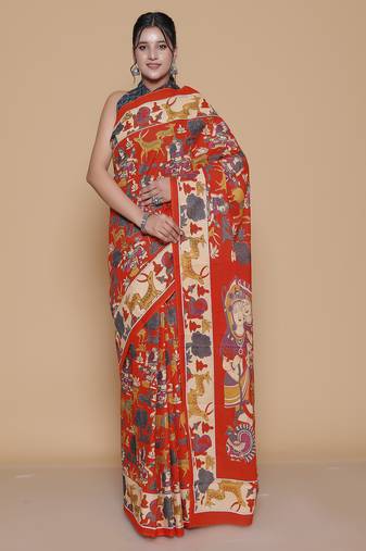 Kalamkari printed pure cotton ethnic orange saree for woman