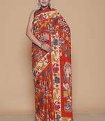 Kalamkari printed pure cotton ethnic orange saree for woman