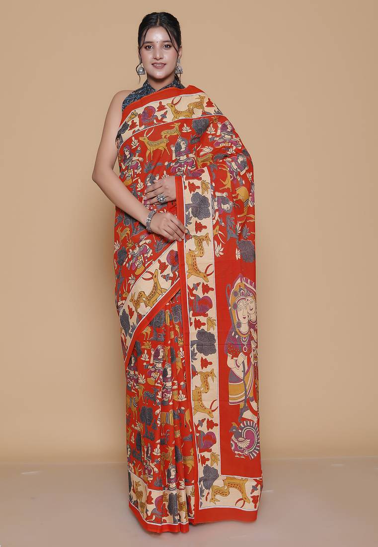 Kalamkari printed pure cotton ethnic orange saree for woman